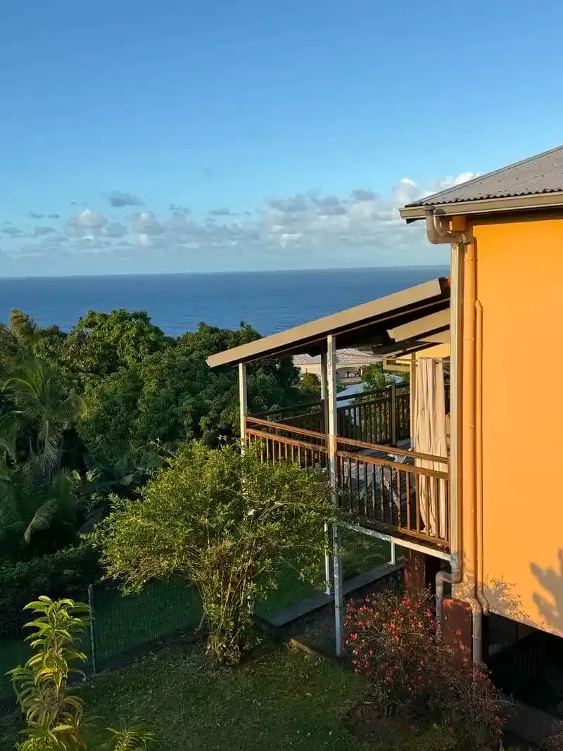 Salon lumineux de la Villa Bigaradier avec vue sur le jardin tropical à Sainte-Rose Réunion